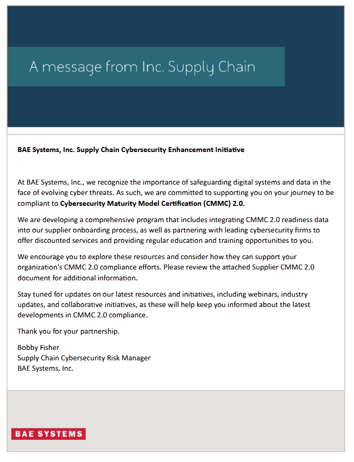 BAE CMMC Supplier Notification