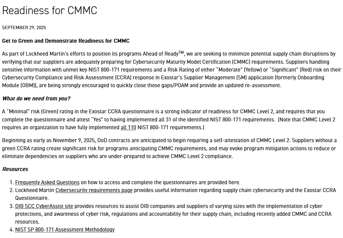 Lockheed CMMC Supplier Notification