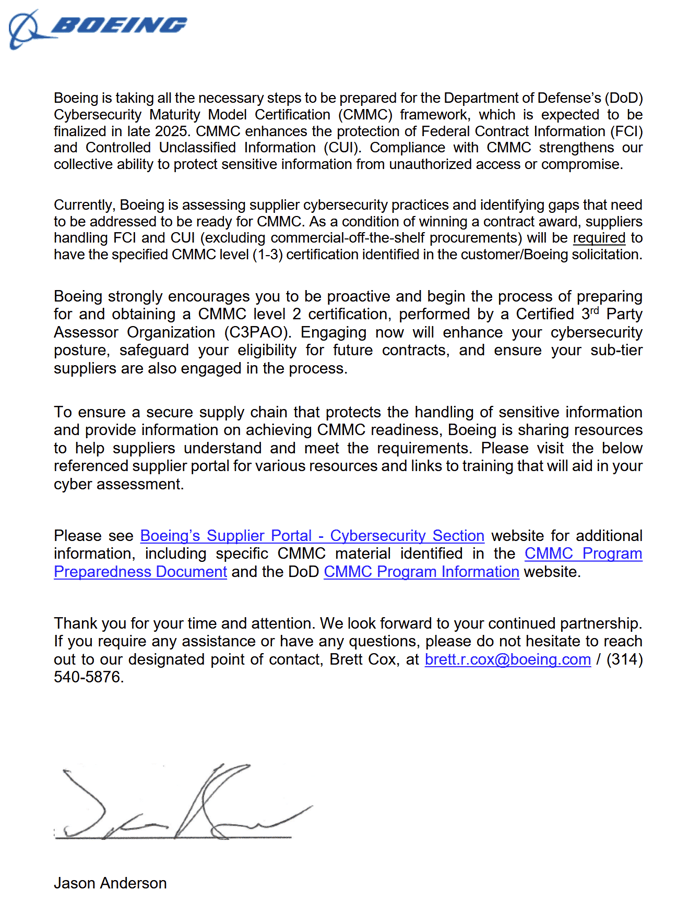 Boeing CMMC Supplier Notification