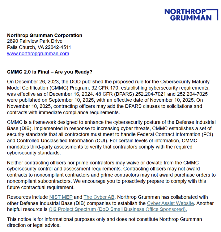 Northrop Grumman CMMC Supplier Notification